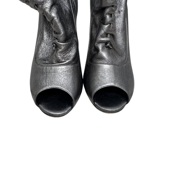 Manolo Blahnik Leather Gunmetal Peep Toe Ruched heel Booties women's sz 10.5 - Picture 3 of 11